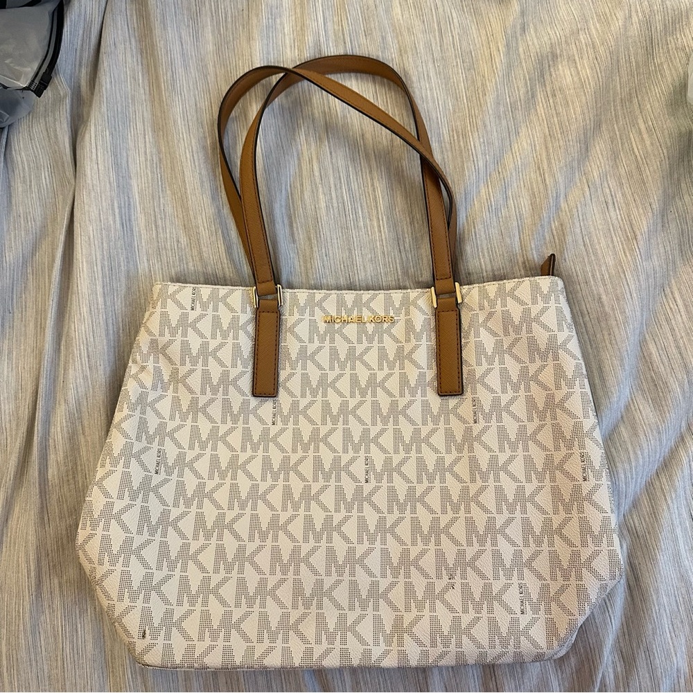 Michael Kors White and Tan MK Tote Shoulder Bag
